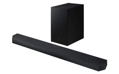 Black soundbar and subwoofer set.