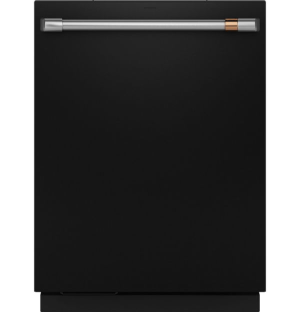 Black dishwasher with a silver handle.