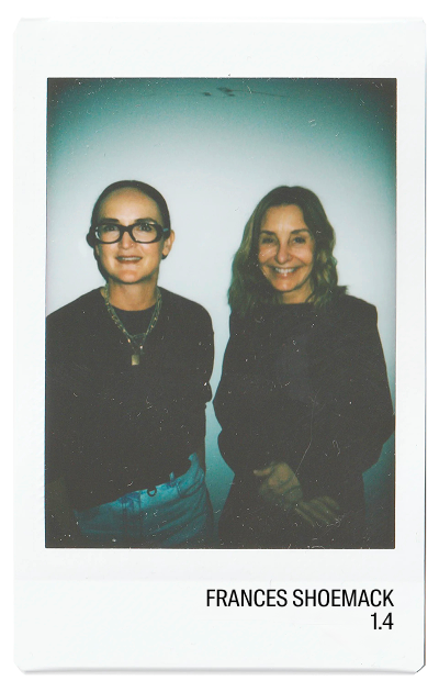 Two women smiling together in a polaroid photo.