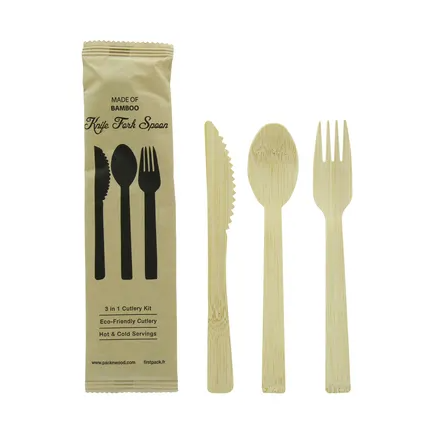 A light bamboo cutlery set including a fork, knife, and spoon