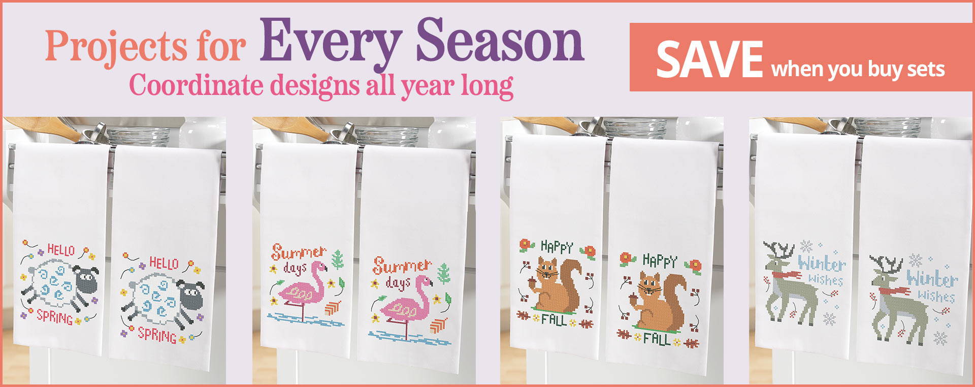 Projects for every seasons. Save on sets. Images: Seasonal Needlework Hand Towels.