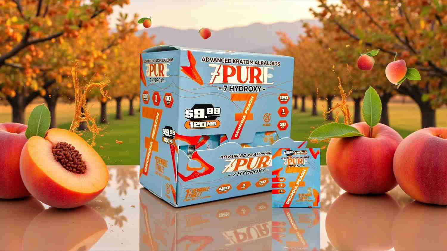 Packaging of a product with peaches in an orchard setting.