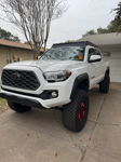 Front three-quarter white Tacoma TRD Off-Road lifted red wheels Prinsu rack overcast driveway Joel's 2-Chime 3-Liter gallery photo 5