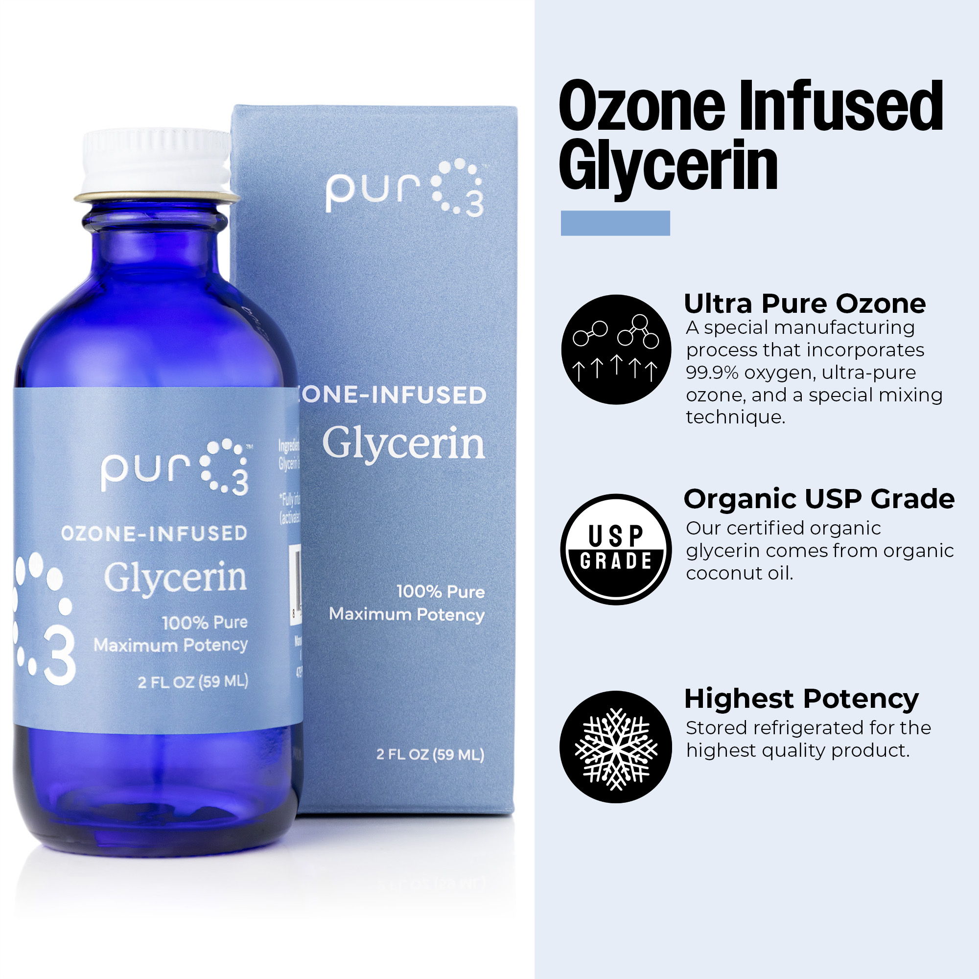 Ozone infused glycerin bottle with product information and benefits.