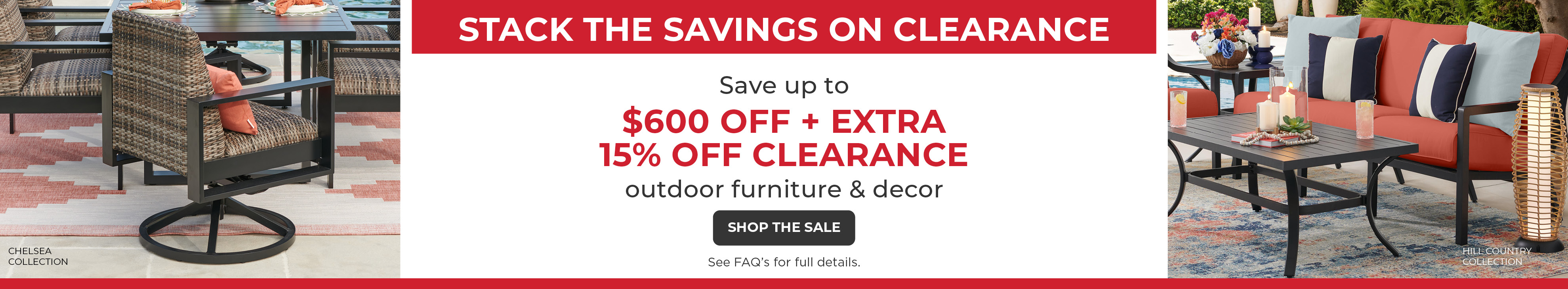 Promotional banner featuring outdoor furniture sale and clearance offer.