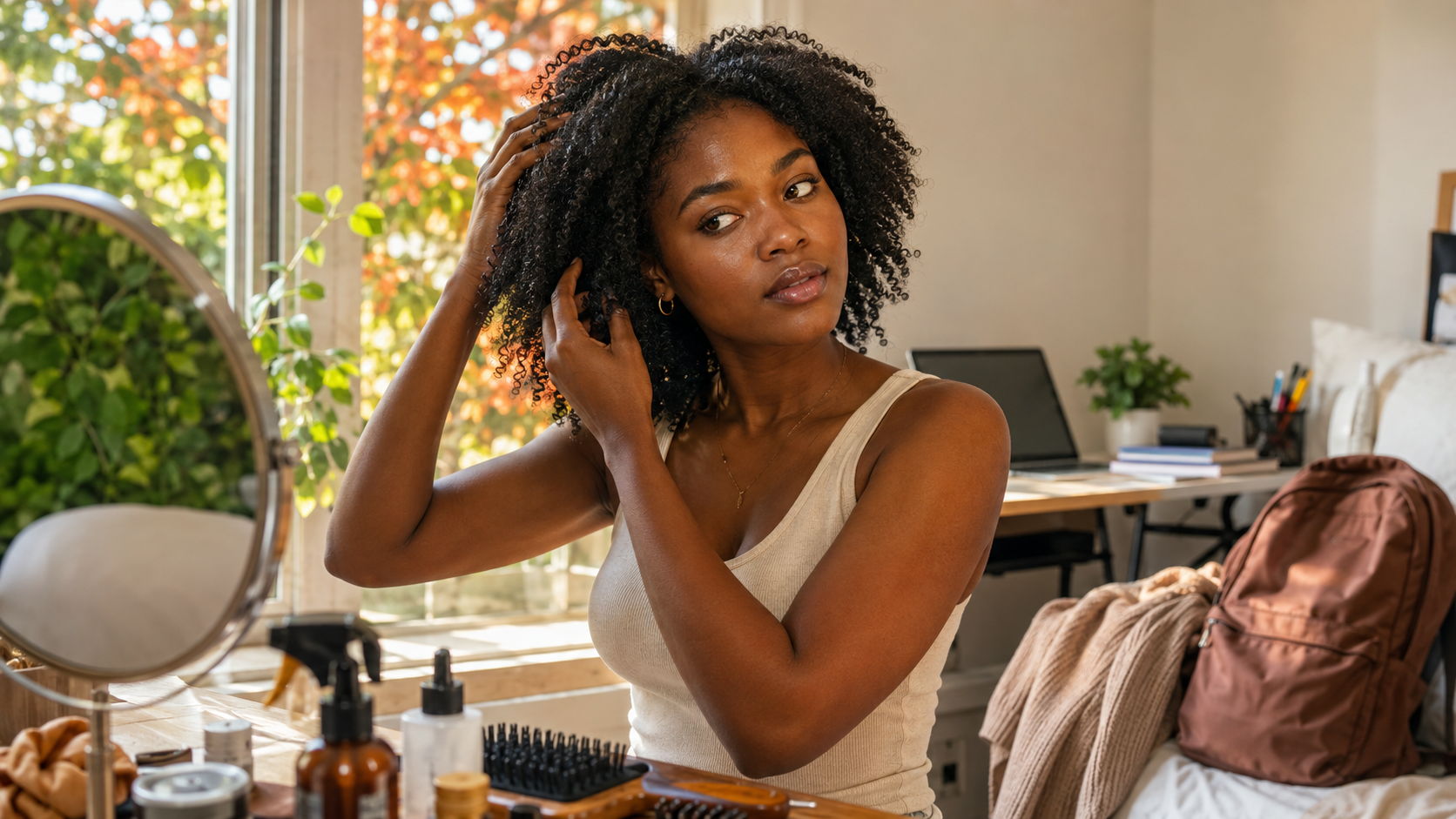 Person styling hair in a bright room with plants and a desk.