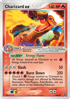Charizard ex Pokémon card with attacks and stats displayed.