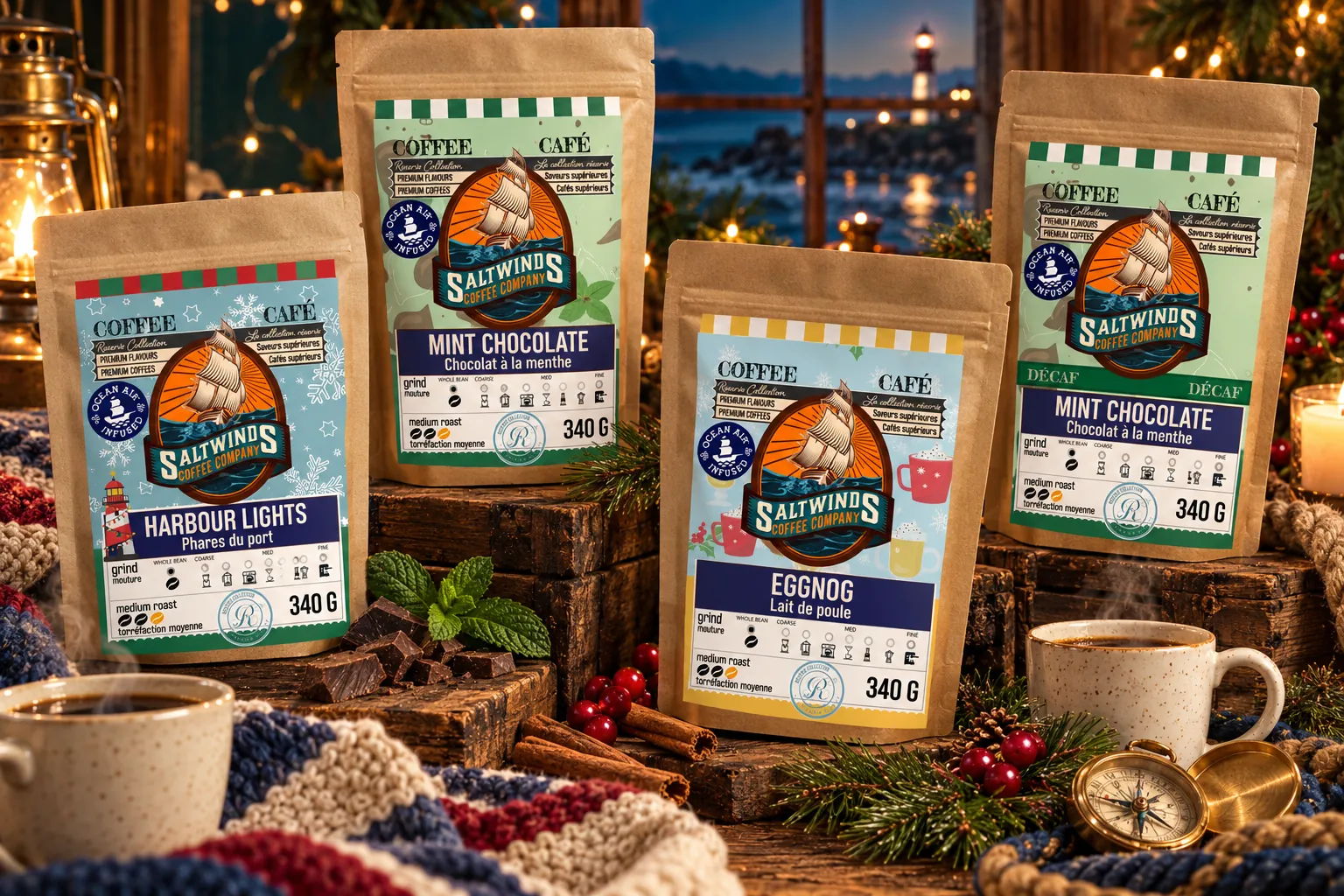 Four Saltwinds festive coffees on a cosy Maritime holiday table.