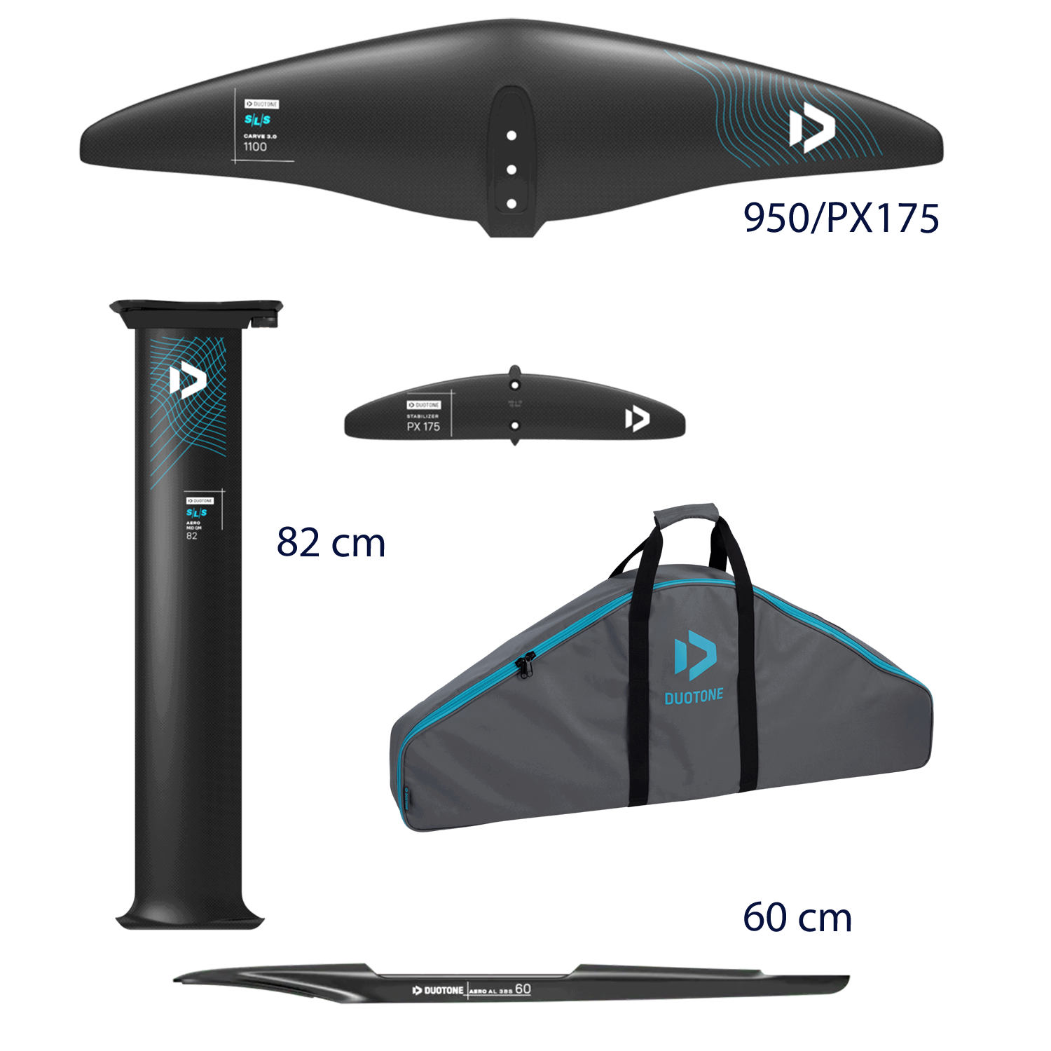 Foil kit components including wings, mast, and carrying case.