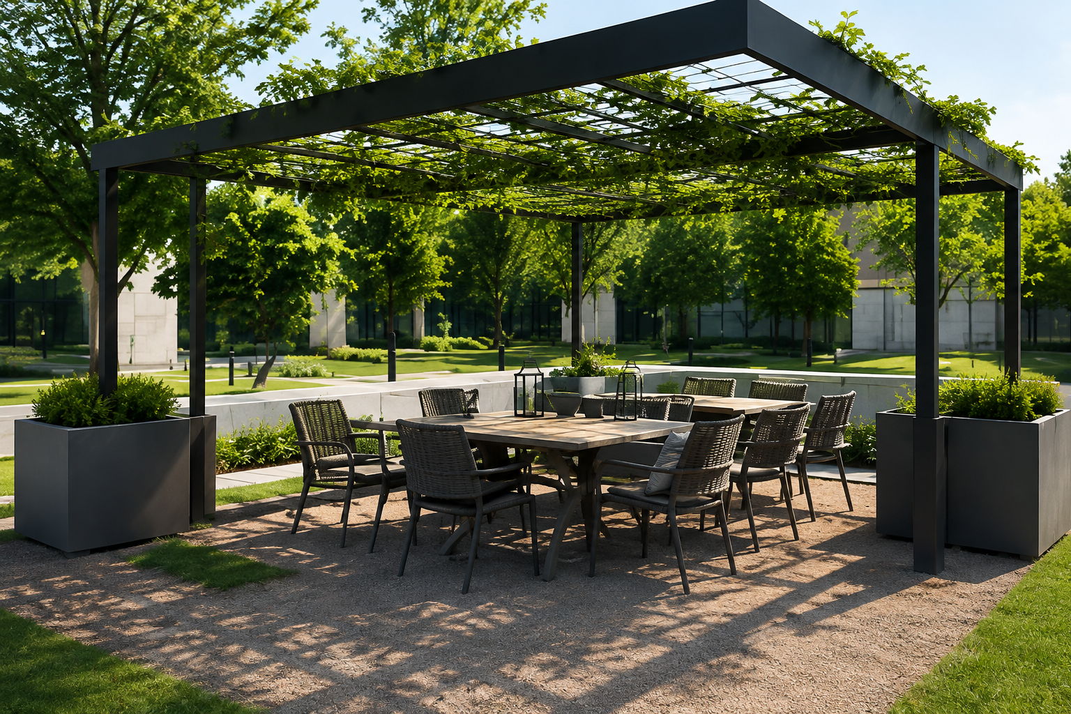 Outdoor dining area with an overhead trellis and surrounding greenery.