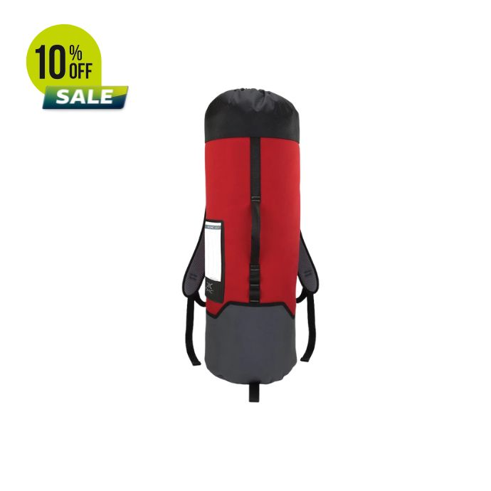 Red and gray backpack with sale tag indicating 10% off.