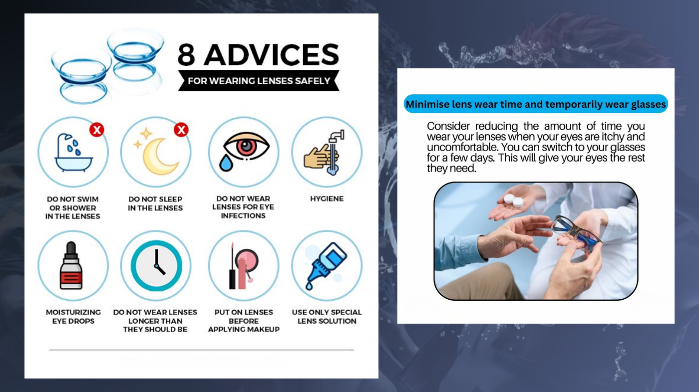 Eight essential tips for wearing contact lenses safely, including proper hygiene, correct insertion and removal, limited wear time, avoiding sleeping in lenses, using fresh solution, not sharing lenses, regular replacement schedules, and removing lenses when discomfort occurs.
