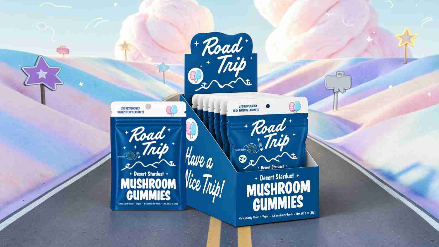 Display of mushroom gummies in a colorful, whimsical landscape.