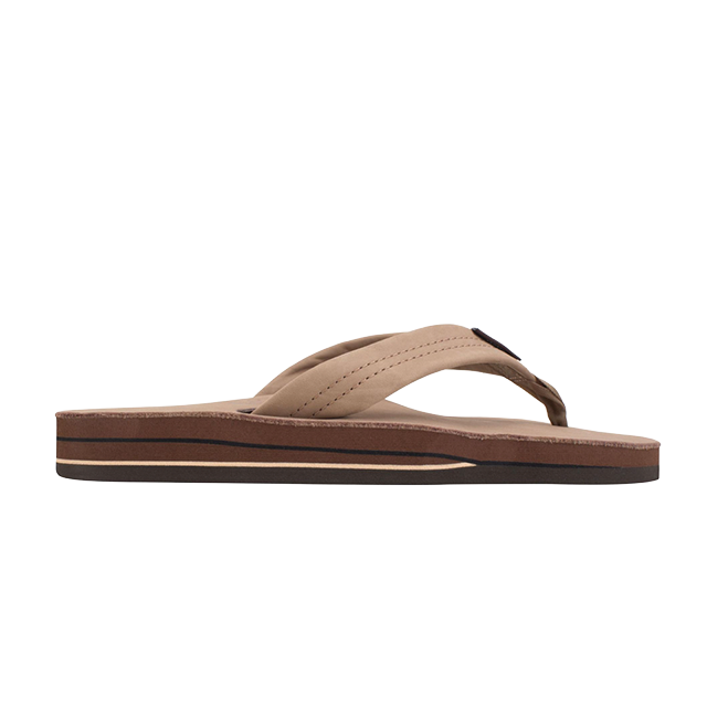 Brown flip-flop sandal viewed from the side on a transparent background.