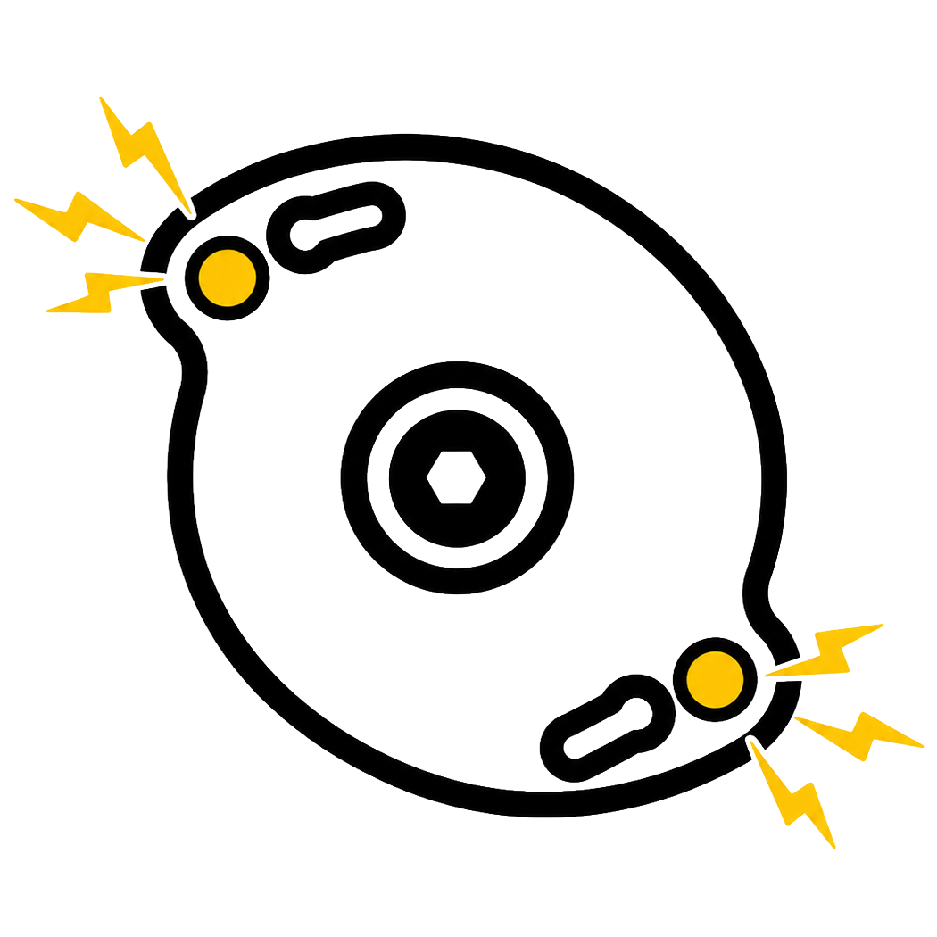 Cartoon illustration of a circular device with lightning bolts.