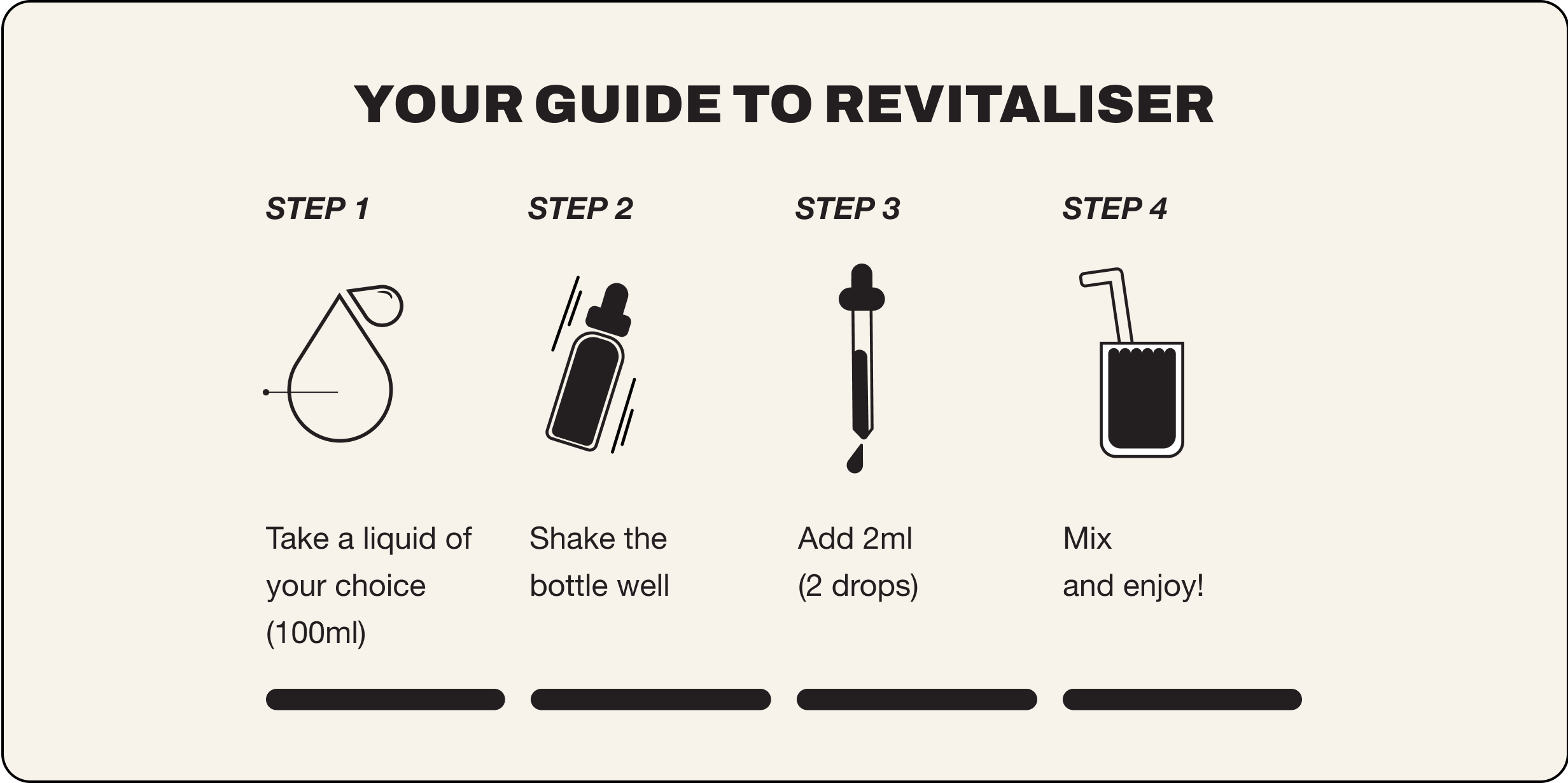 Your guide to revitaliser. Step 1 take a liquid of your choice 150ml, step 2 shake the bottle well, step 3 add 2ml (2 drops), step 4 mix and enjoy!