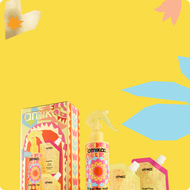 Colorful hair care products displayed against a bright yellow background.