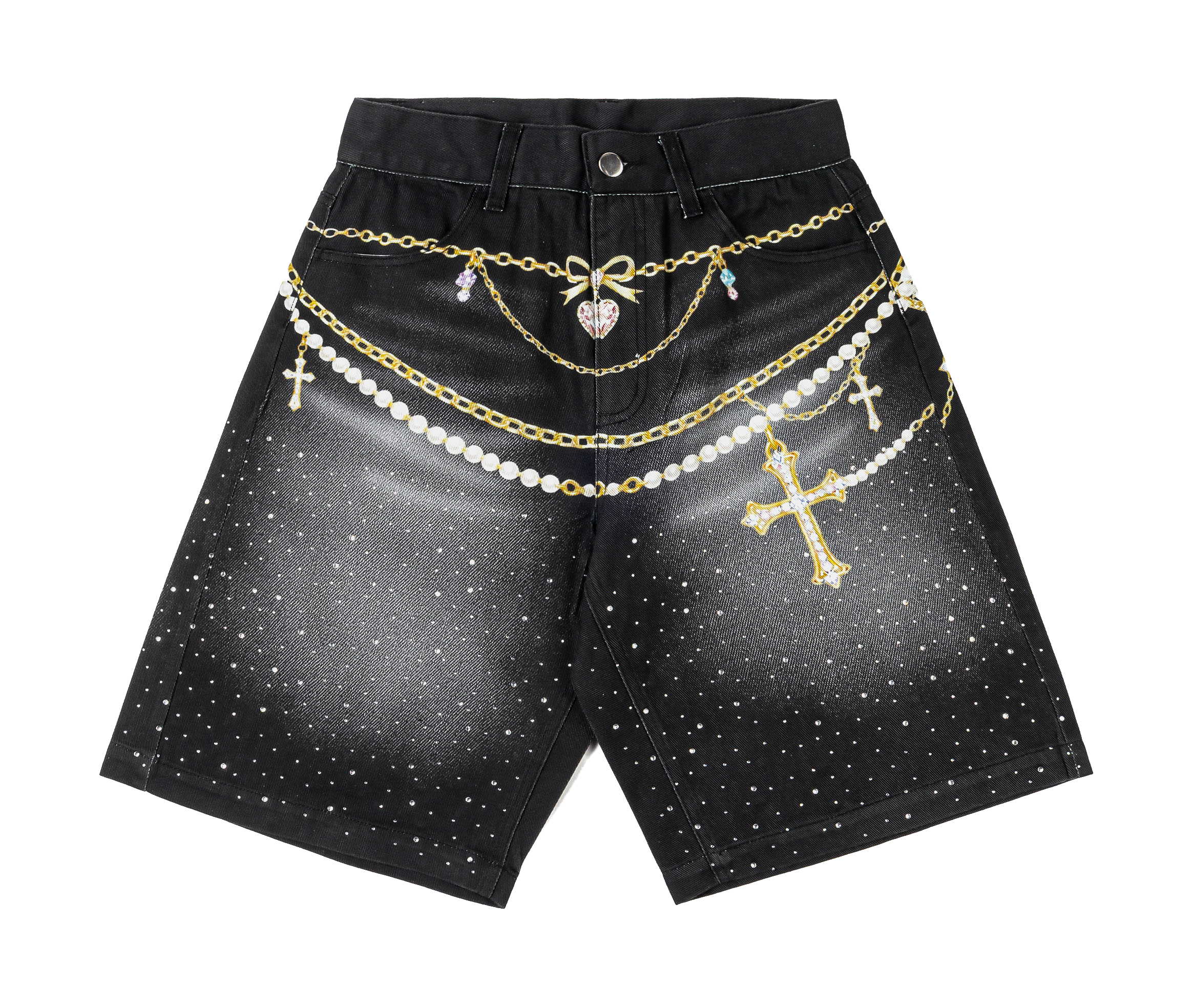 Black shorts with gold chains and cross embellishments.