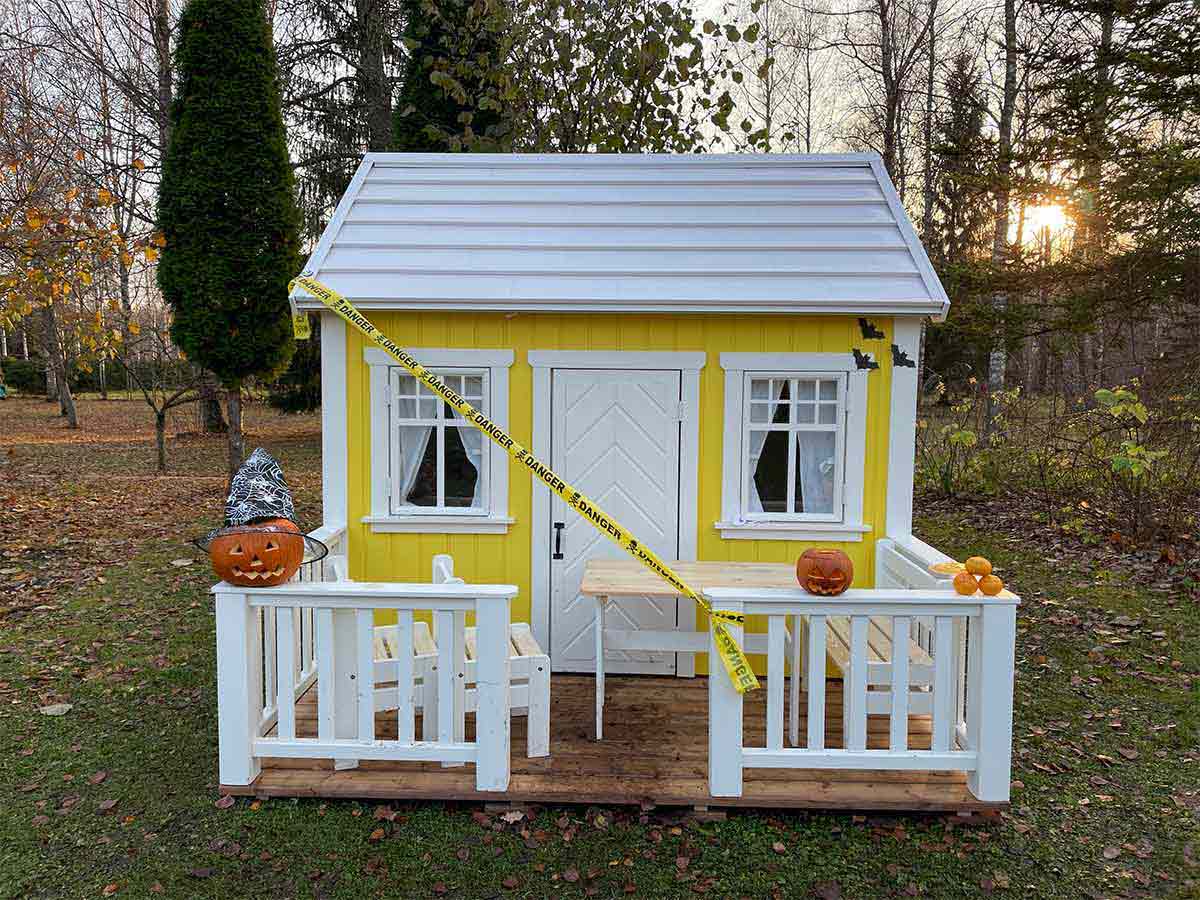 Decorated for Halloween Kids Wooden Fully Finished Playhouse Sunshine in the backyard by WholeWoodPlayhouses