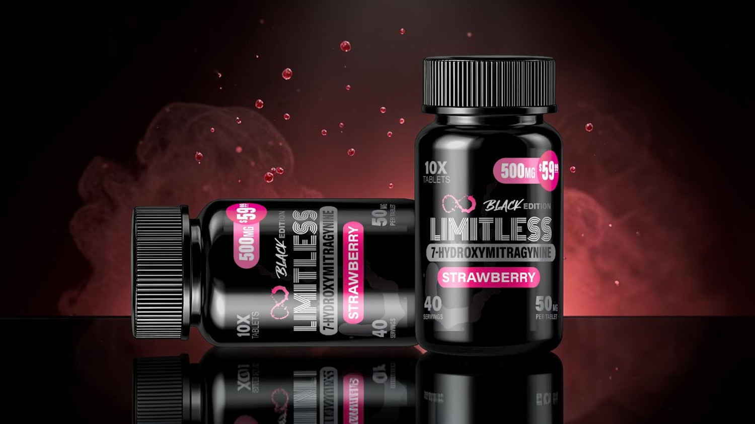 Two black supplement bottles with pink labels on a reflective surface.