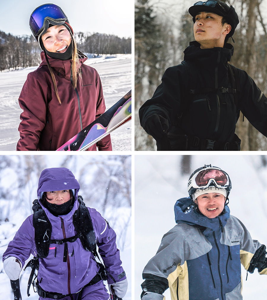 Four individuals in winter sports attire enjoying snowy activities.