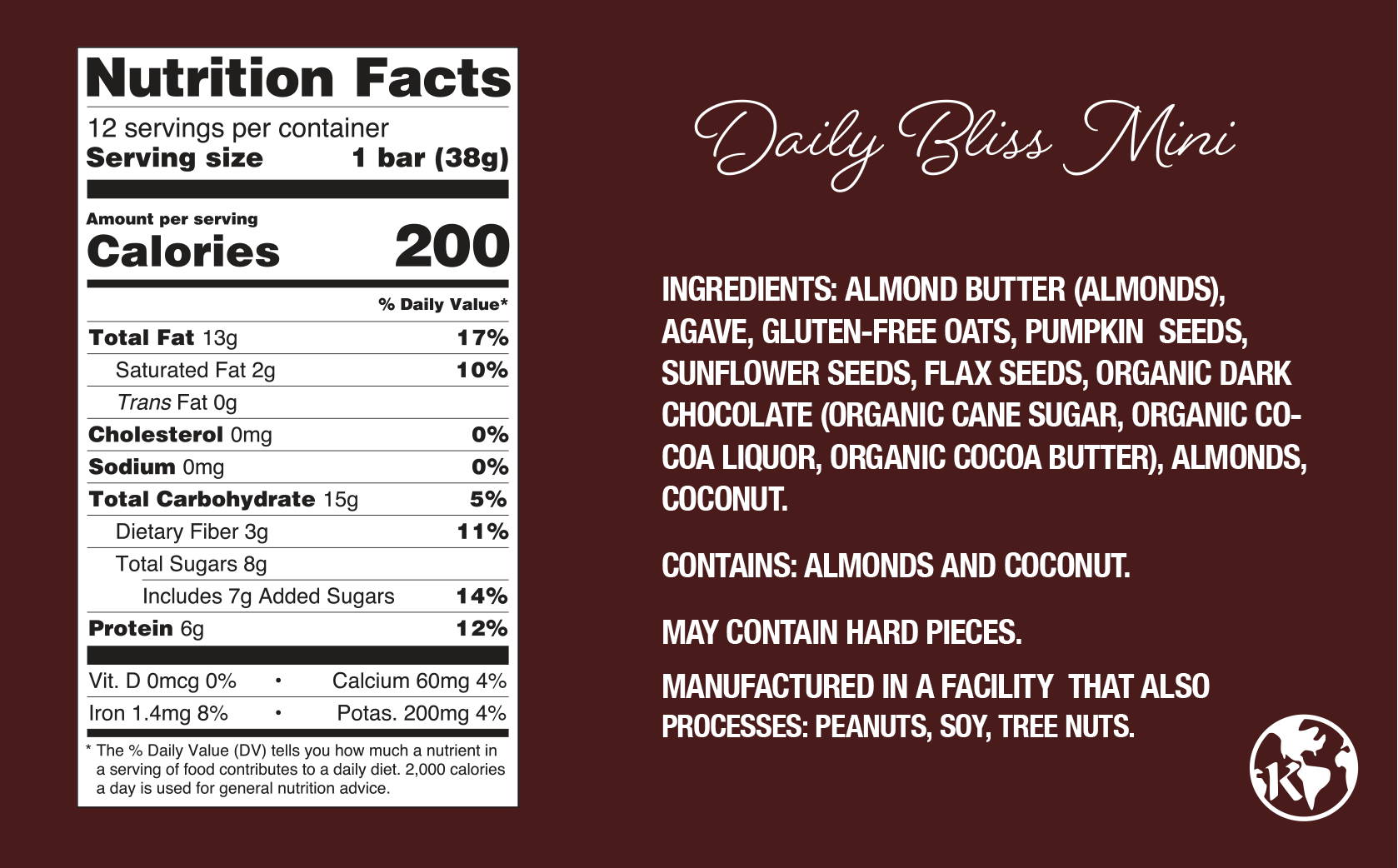 Daily Bliss Mini Protein Bar Nutrition Facts 