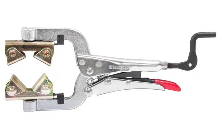 A metal clamp with adjustable jaws and a locking mechanism.