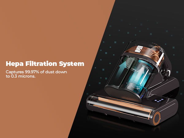 HEPA filtration system vacuum cleaner capturing dust down to 0.3 microns.