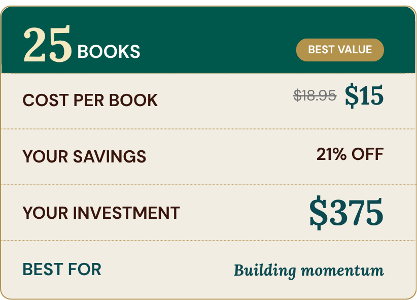 Pricing details for purchasing 25 books with savings information.