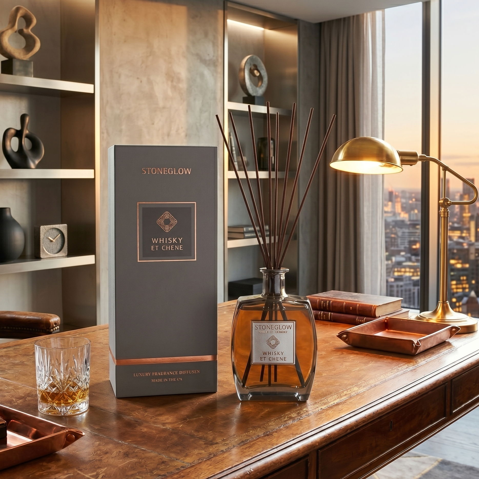 A stylish room with a perfume bottle and decorative items on a wooden table.