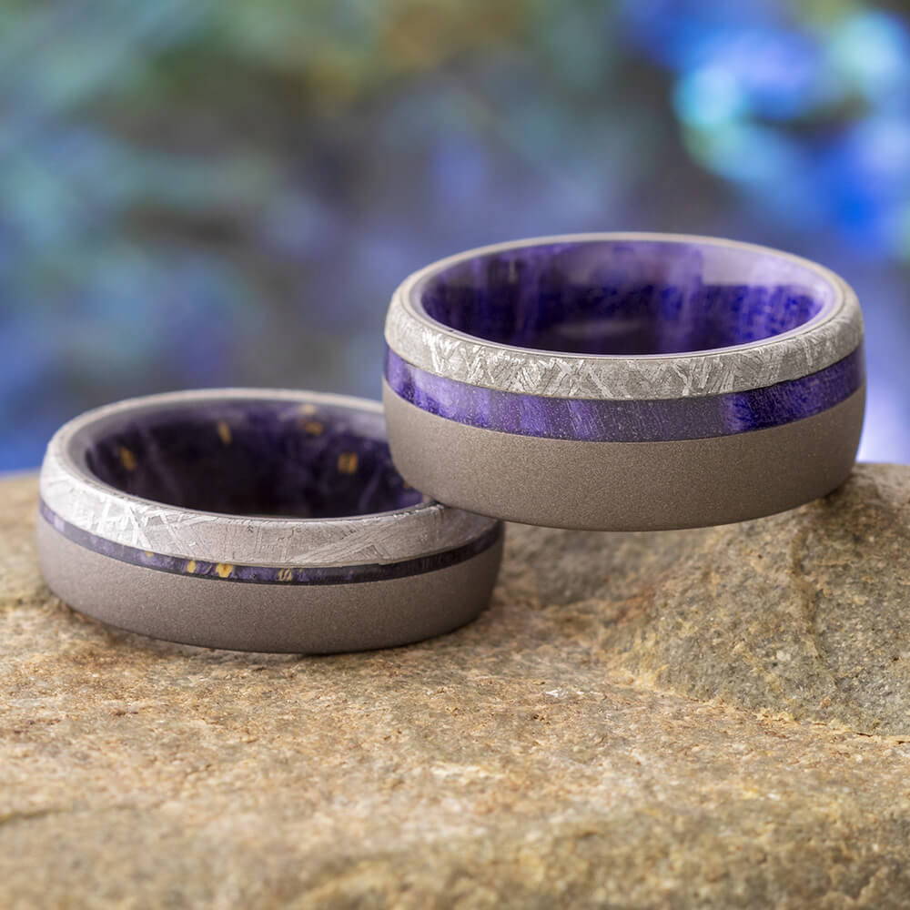 Matching Meteorite Wedding Rings with Purple Wood
