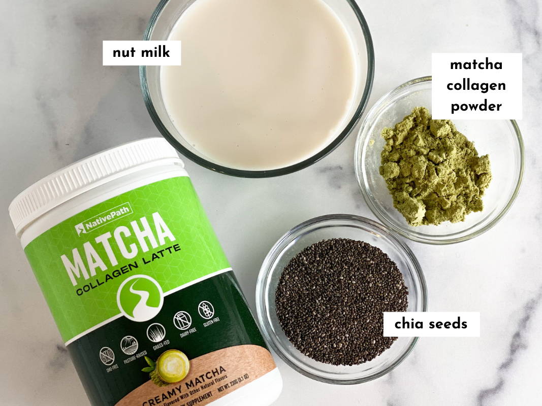 Top view of ingredients in Matcha Collagen Chia Seed Pudding: 1/2 cup nut milk, 2 Tablespoons chia seeds, and 1 scoop matcha collagen powder.