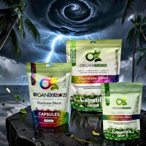 Bottles of capsules against a stormy background with palm trees.