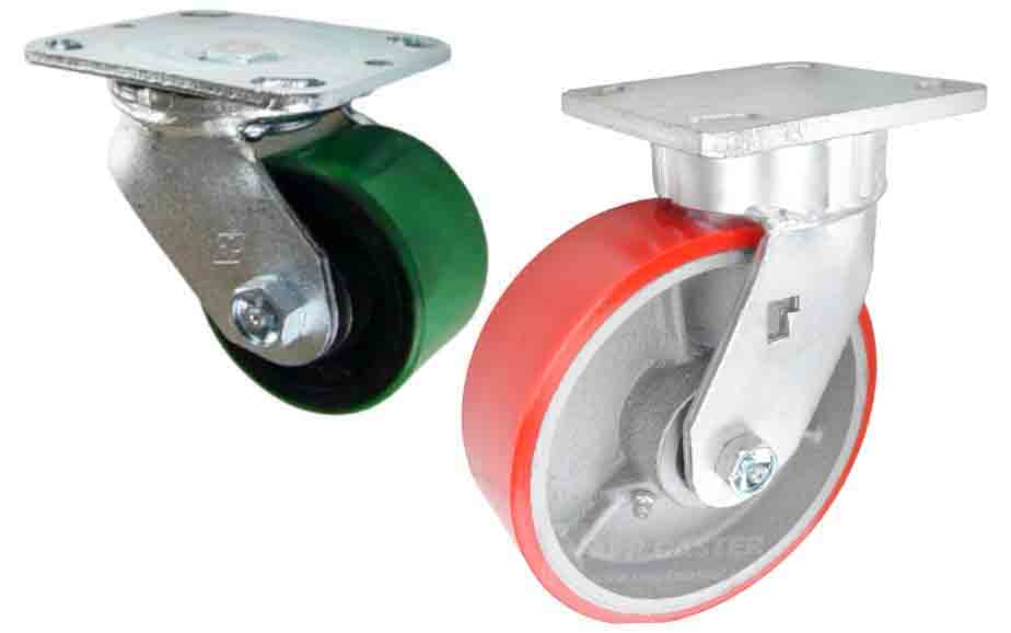 Red & Silver/Green & Black Polyurethane on iron swivel & rigid plate casters - Floor Protective, Non-marking, NSF Certified, Wide Industrial use