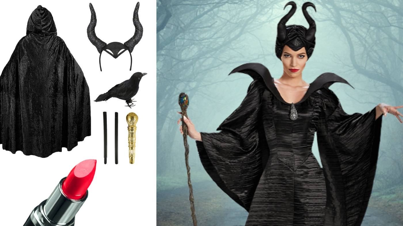 A photo of Maleficent's costume. A collage showing a cape, red lipstick, horn, accessories, and a raven