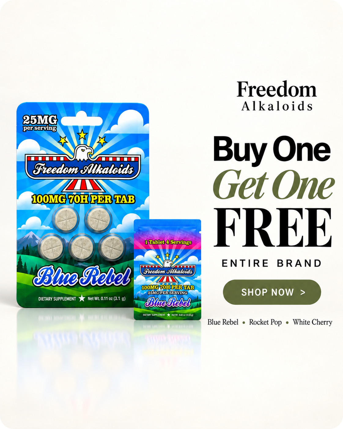 Freedom Alkalioids promotional image for buy one, get one free offer.