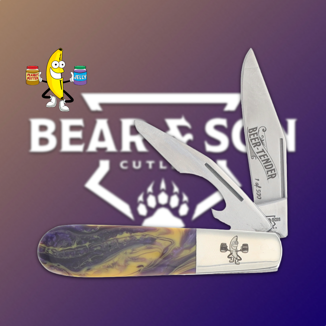 A folding knife with a colorful handle and a logo background.