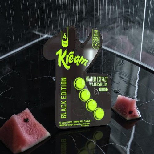 Kleam product packaging with watermelon extract on a dark surface.