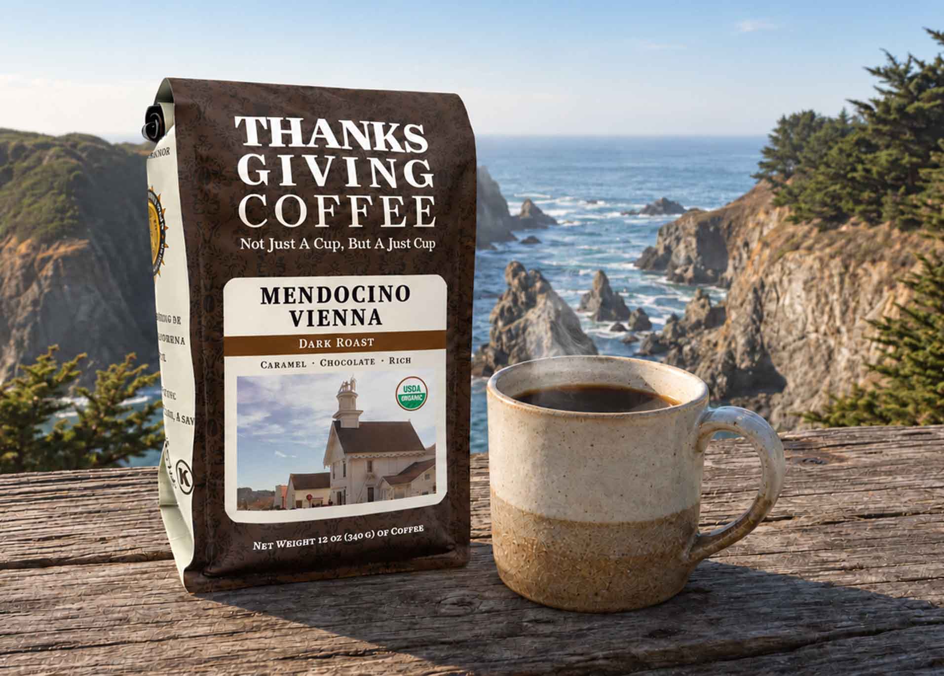 Coffee bag and mug by the ocean.