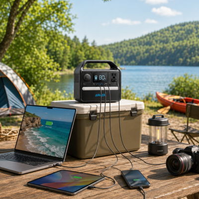 Portable power station charging devices by a lake with camping gear.