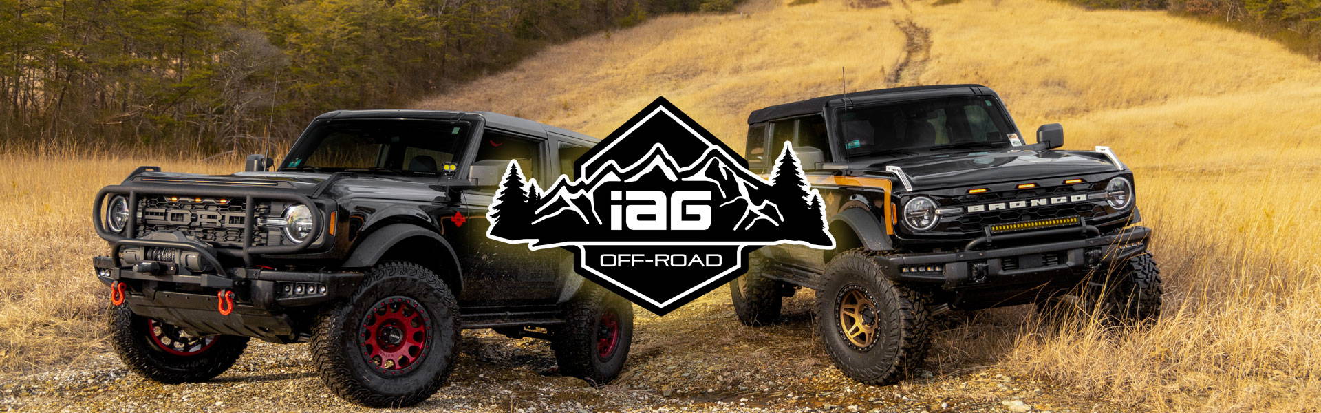 This page features a photo of two 2021+ Ford Broncos and has a text accordion that discusses aftermarket parts and accessories from IAG Off-Road.