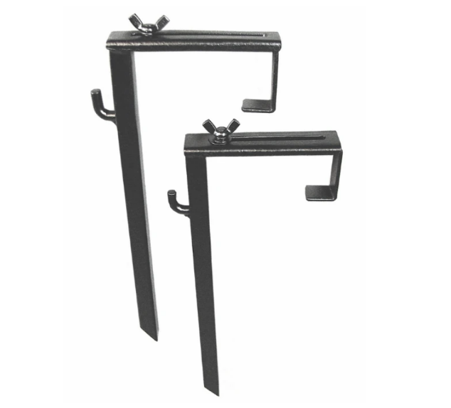 Two black metal hooks for hanging or mounting items.