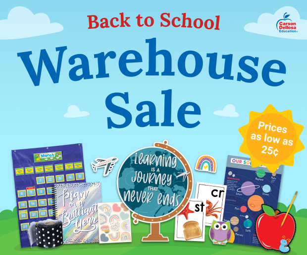 Back to School Warehouse Sale with various school supplies and prices as low as 25¢.