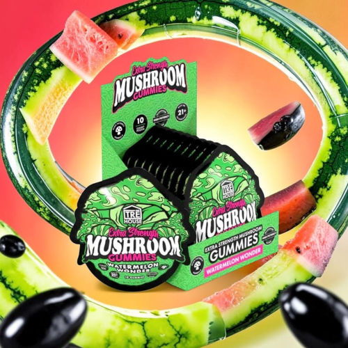 Mushroom gummies packaging surrounded by colorful fruit graphics.