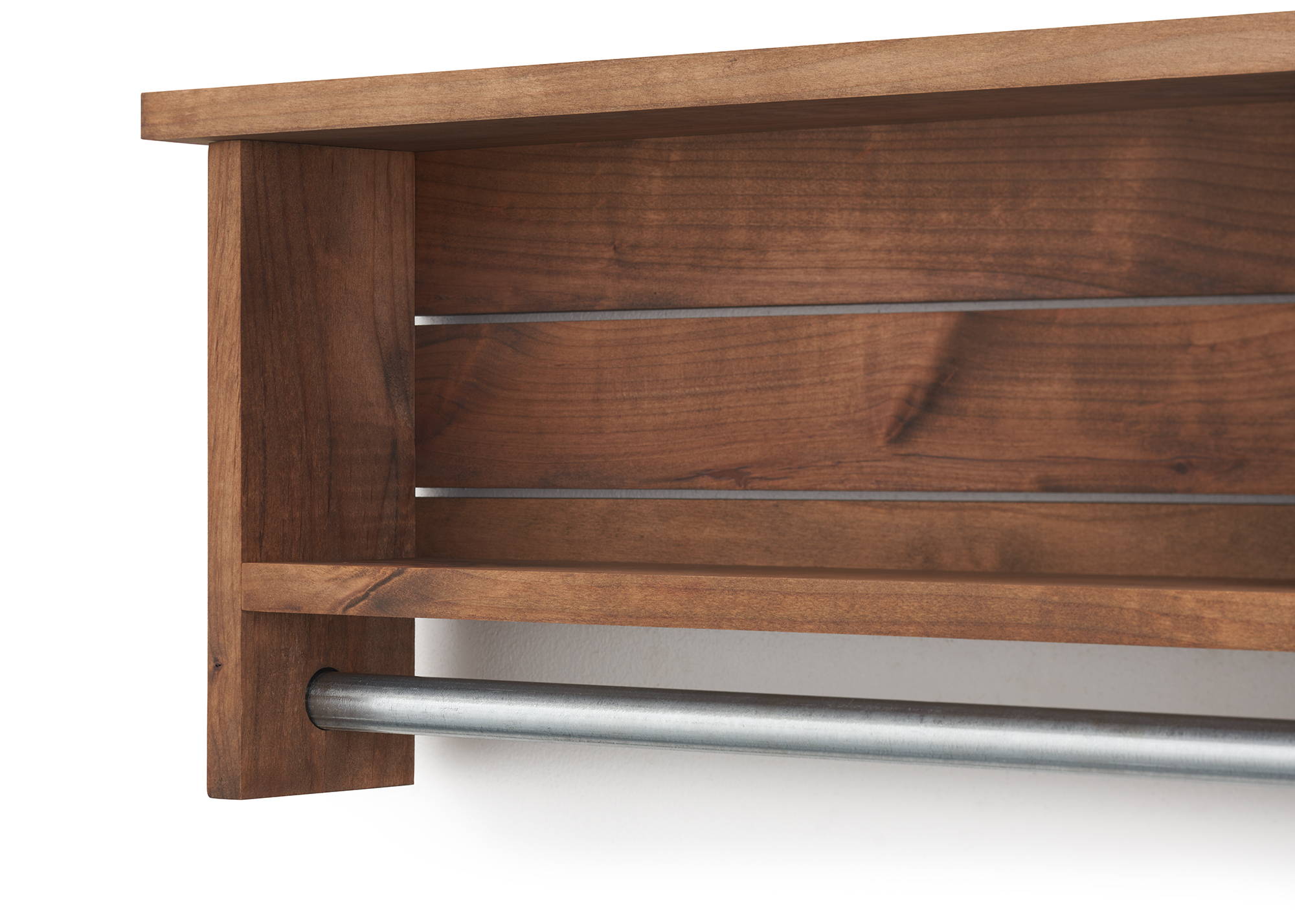 wood wall shelf with metal towel bar