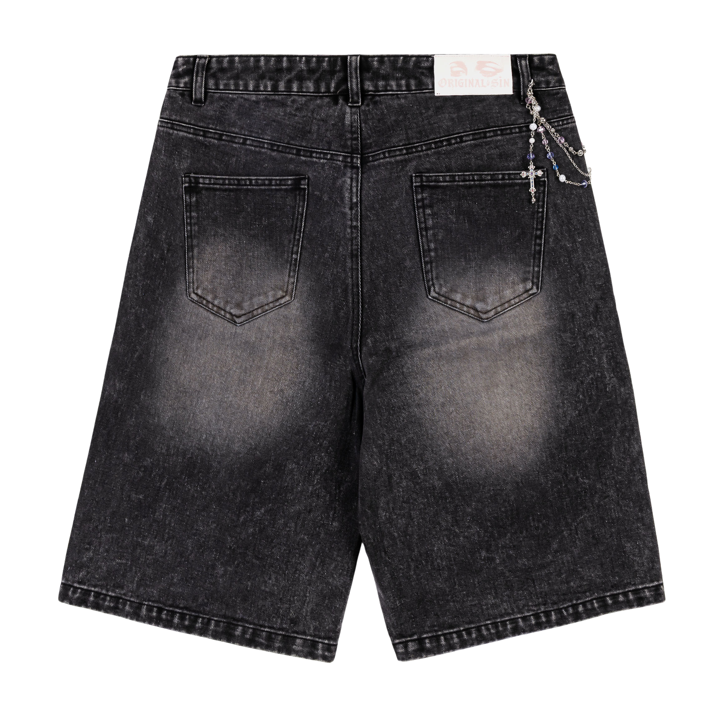 Black denim shorts with graphic designs and a chain accessory.