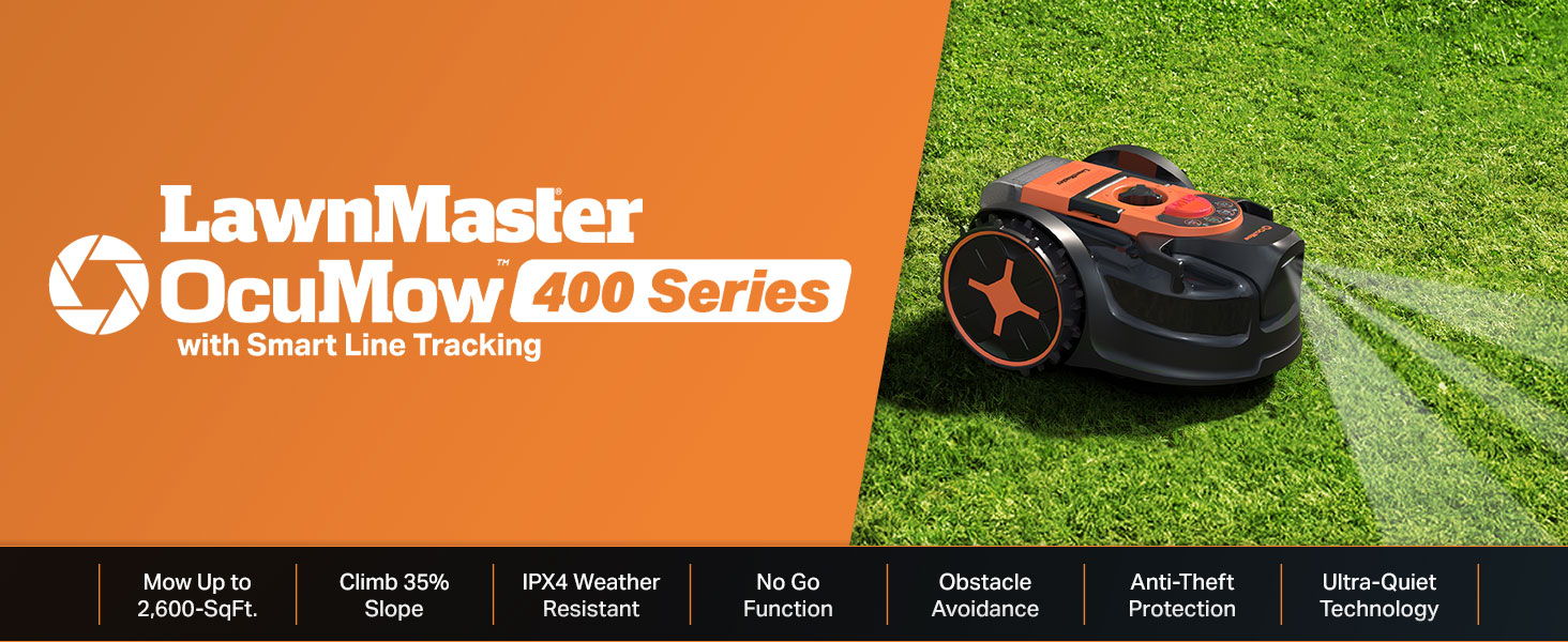 LawnMaster OcuMow 400 Series robotic lawn mower with smart lawn tracking on green grass