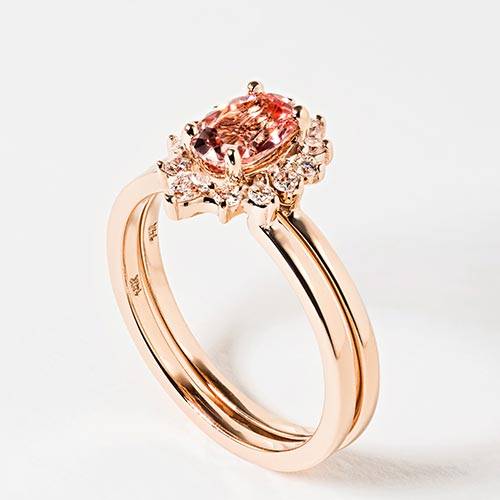 Halo wedding set with lab created pink sapphire gemstone by MiaDonna