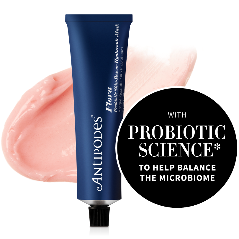 Flora mask contains probiotic science to help balance the microbiome.