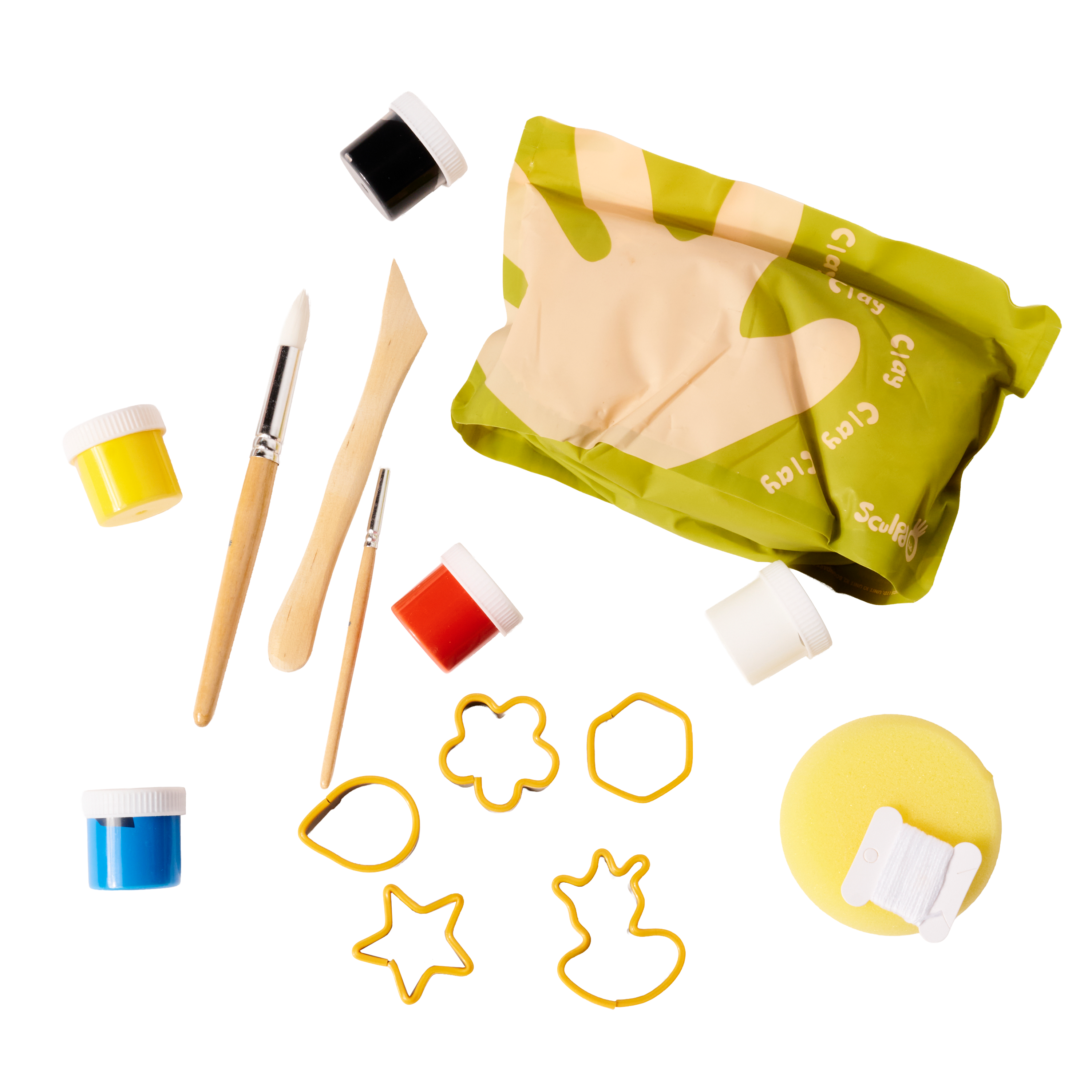 Art supplies including a pack of air-dry clay, paint, brushes, a sponge, and cookie cutters.